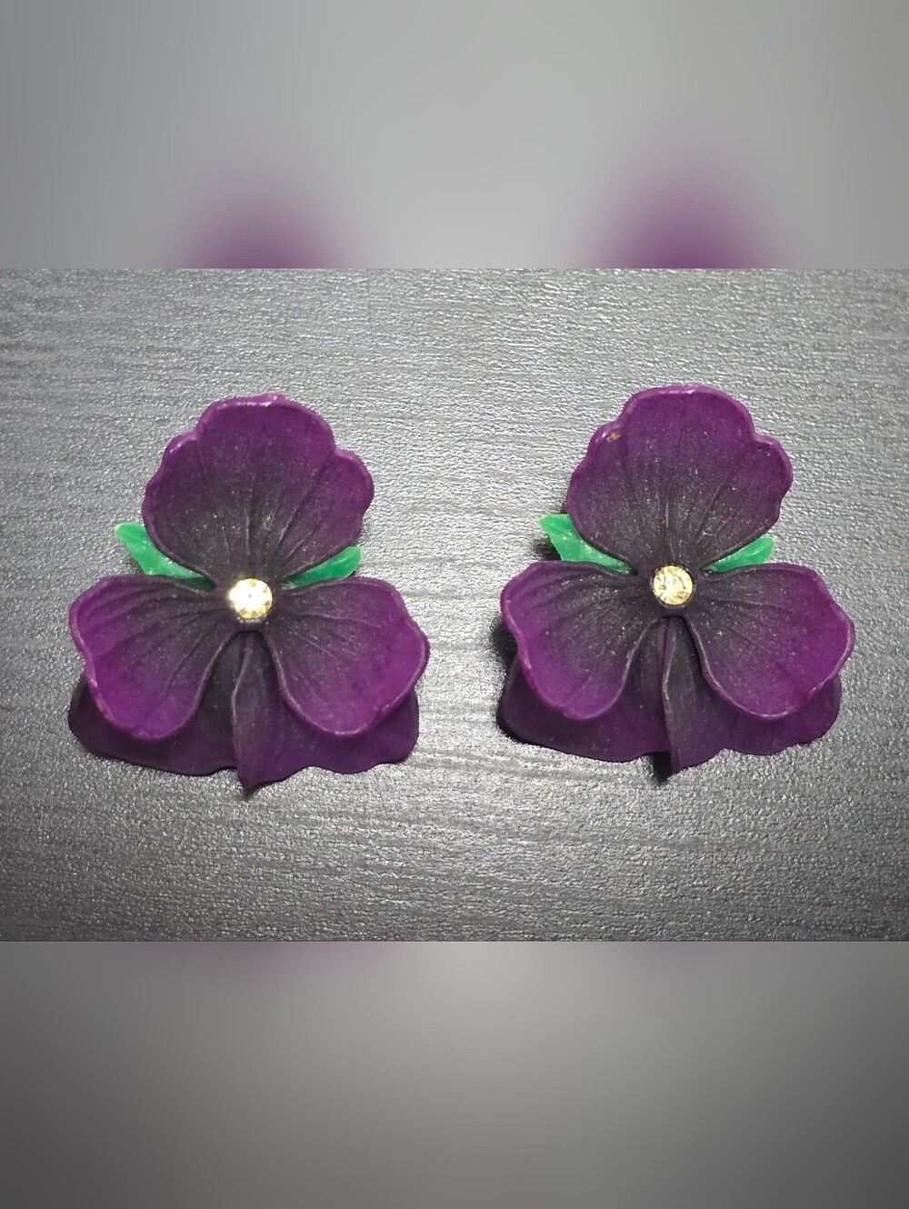 Vintage Signed West Germany Clip On Purple African Violet Flower Earrings